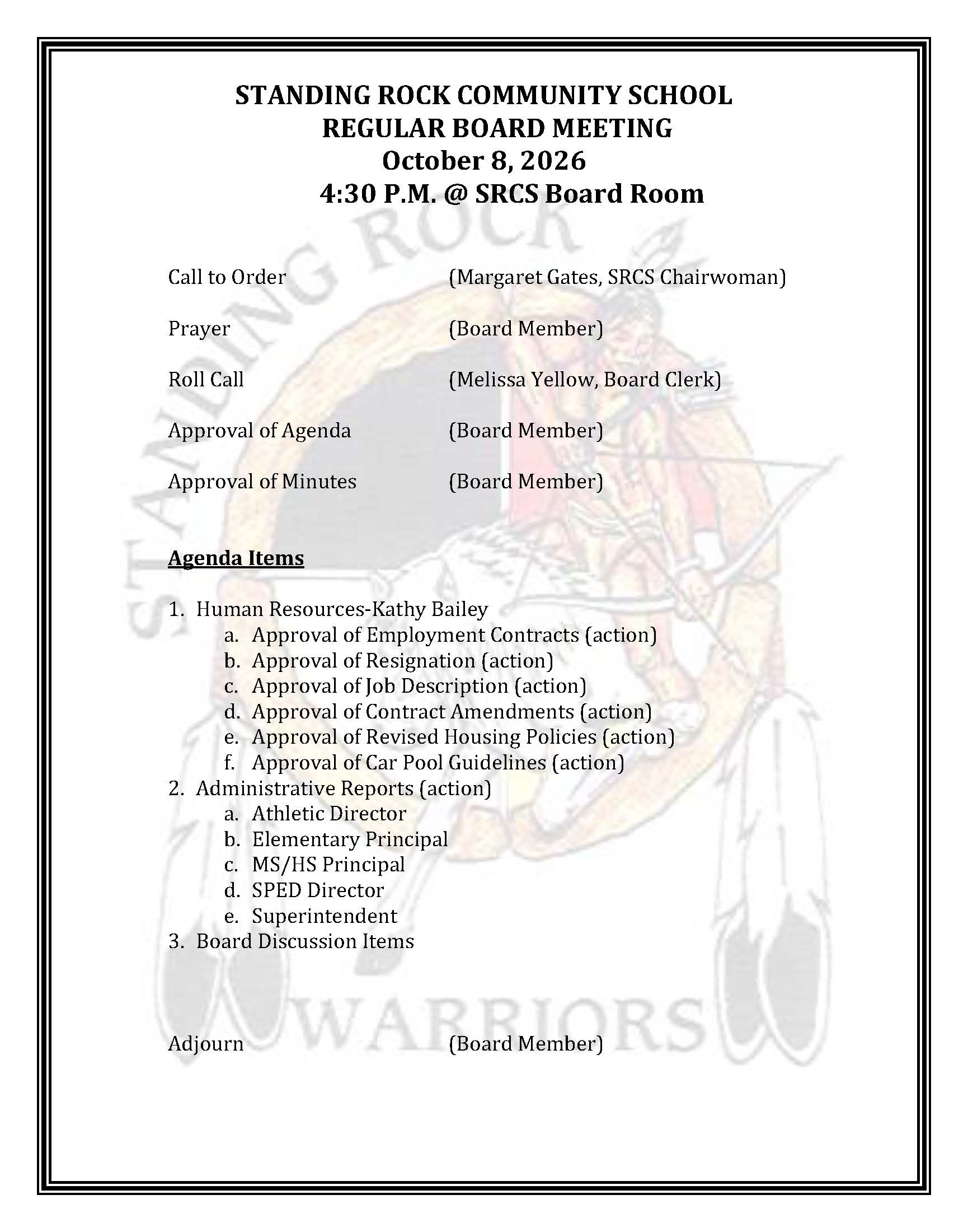 Oct 8 Board Agenda